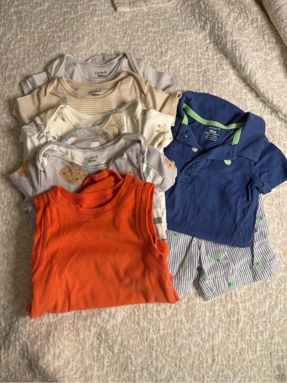 Carter's Orange Tank with Navy Blue Polo & Neutral Onesies Set